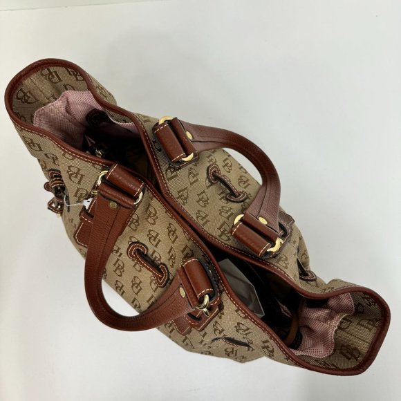 Dooney & Bourke Jacquard Logo Canvas & Leather Cinch Top Snap Close Tote Brown - Picture 6 of 7
